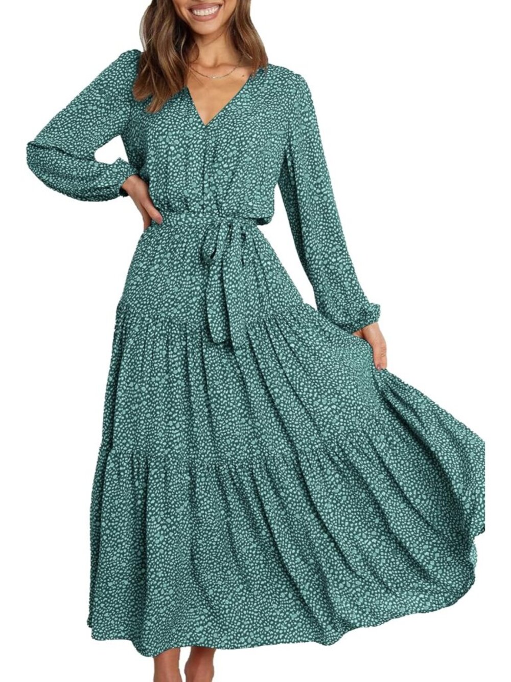 Women's Dark Green Long Sleeve Casual Boho Floral Wrap Wedding Guest Maxi Dress